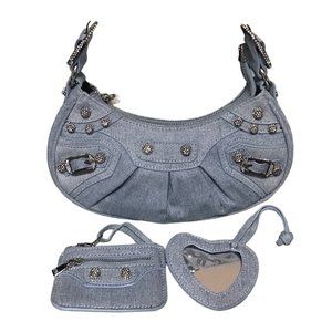 Denim Crossbody Bag With Rhinestone Accents and Bonus Accessories